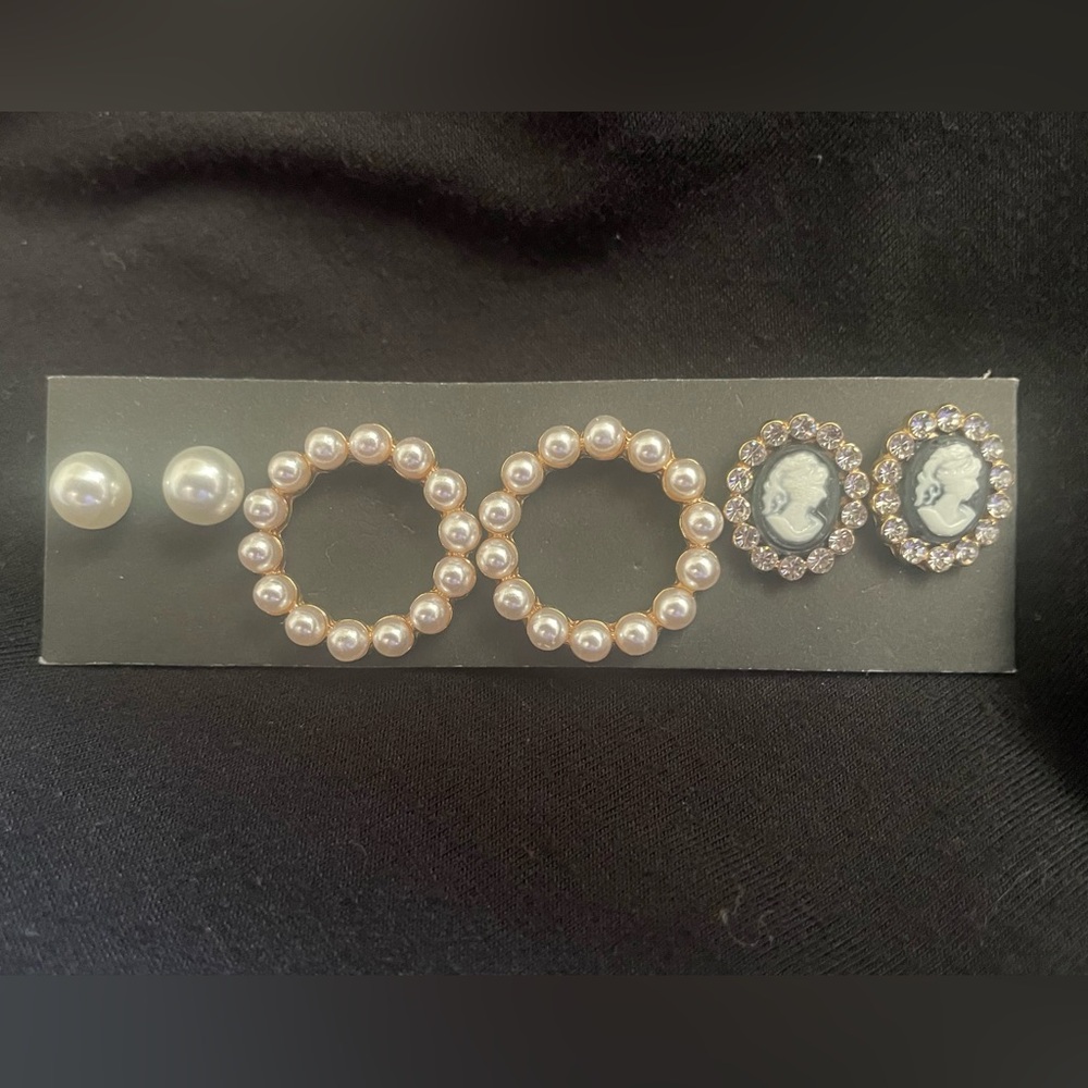 Elegant Pearl and Cameo Earring Set of Three